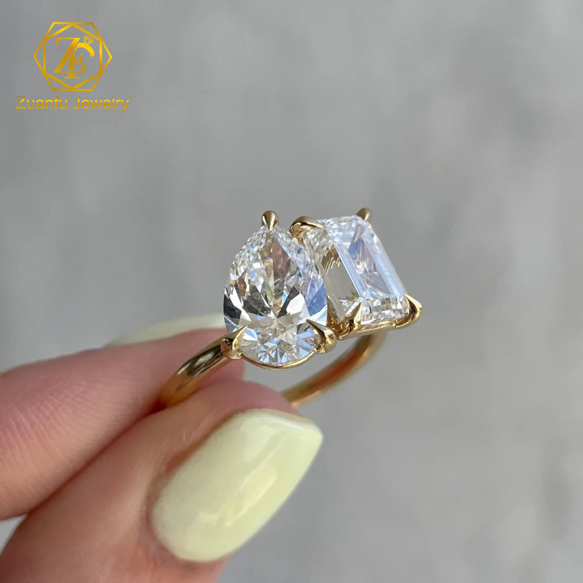 Toi et Moi Engagement Ring 14K Yellow Gold D VVS1 Pear Emerald Double Stone Moissanite Wedding Ring Custom AU585 AU750