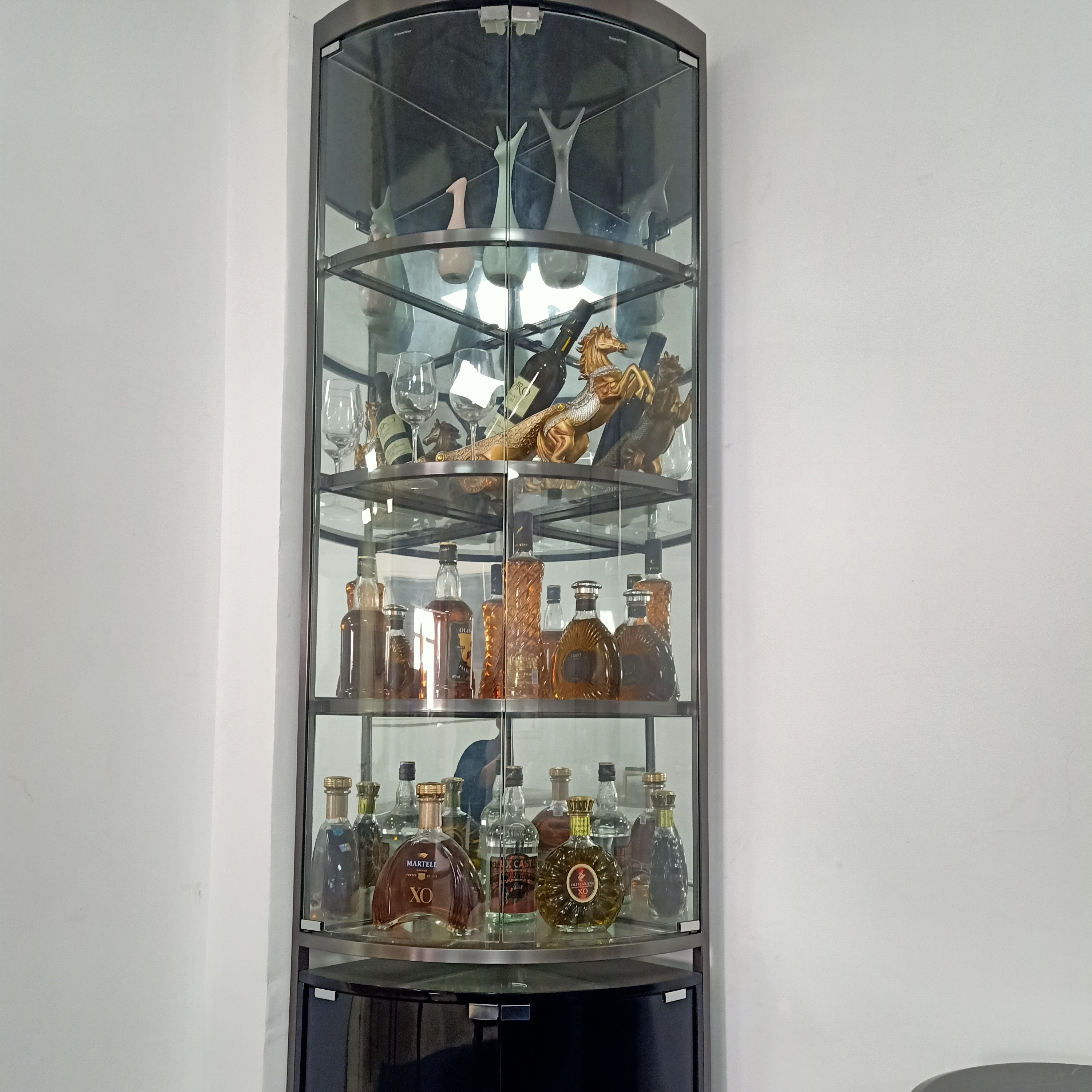 factory price golde stainless steel  corner furniture glass cabinet family wine cabinet light cupboard