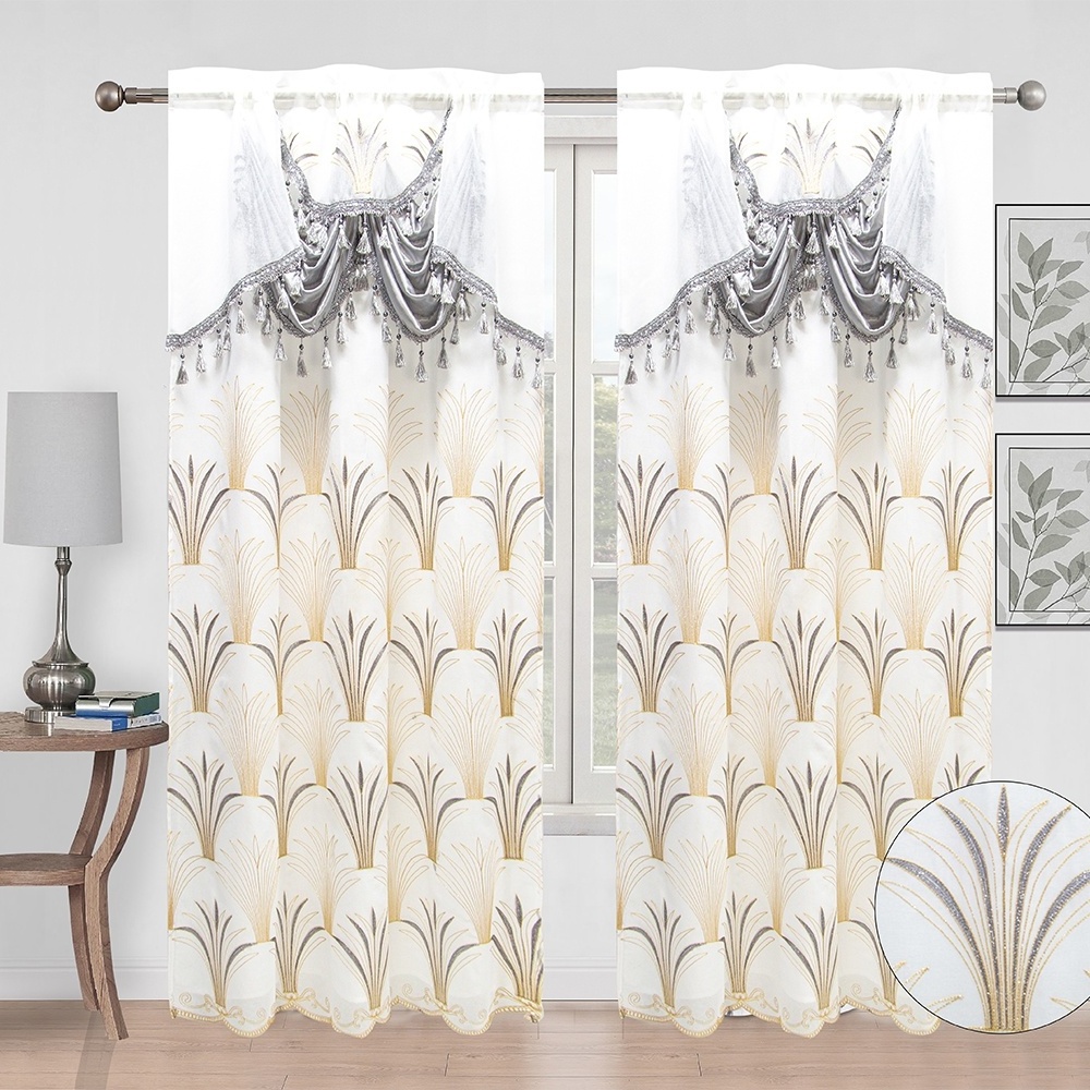 Home classical living room window valance embroidered linen sheer curtains with backing cheap ready jacquard design curtain