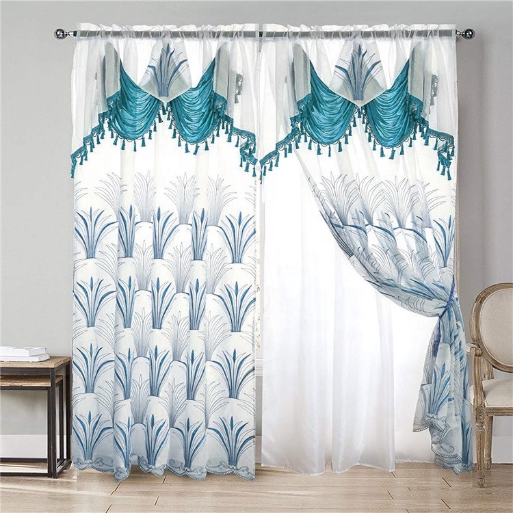 Home classical living room window valance embroidered linen sheer curtains with backing cheap ready jacquard design curtain