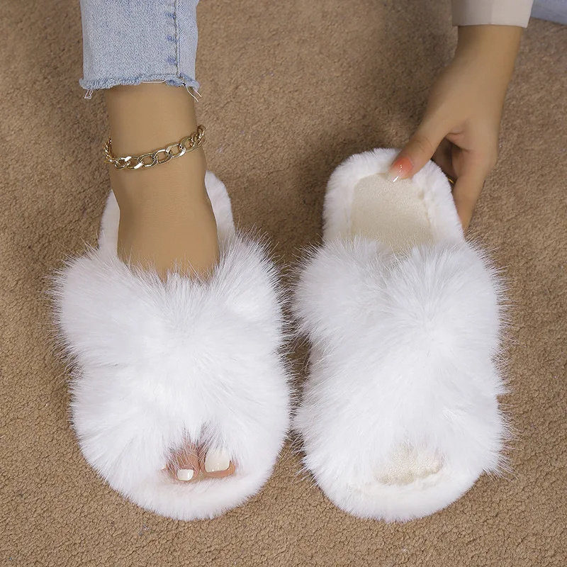 Summer Slippers Winter Plush Cross Strap Slippers Cotton Indoor Warm Plus-Sized Fluffy Slippers Women's High and Low Big Rabbit