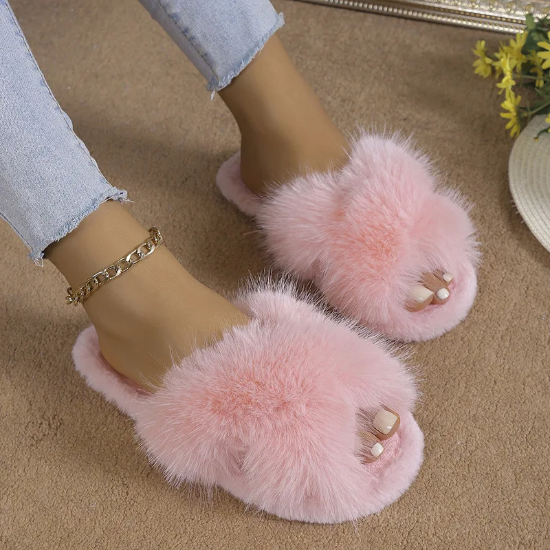 Summer Slippers Winter Plush Cross Strap Slippers Cotton Indoor Warm Plus-Sized Fluffy Slippers Women's High and Low Big Rabbit