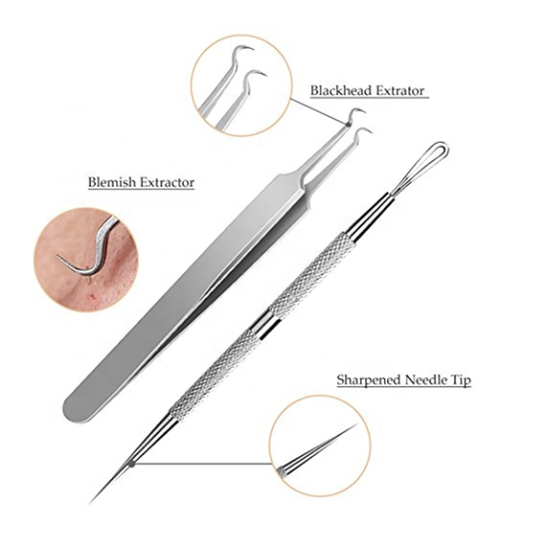 High Quality Blackhead Remover Kit Stainless Steel Lancet Needles 3 Pcs Double-headed Acne Extractor Tool Kit with Case