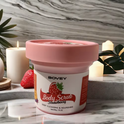 Custom BOVEY Strawberry Body Scrub Cream Private Label Whitening Tender Skin Exfoliating Face Body Wash Sugar Scrubs Organic