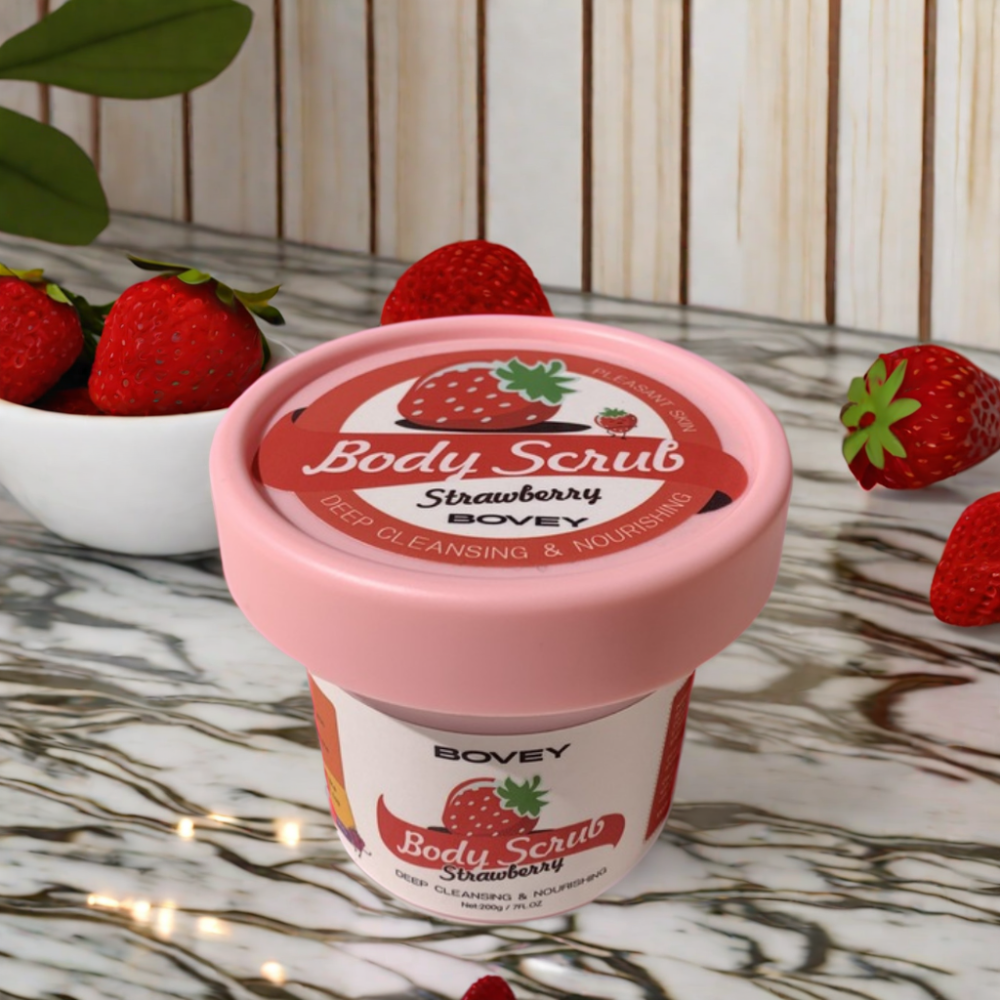 Custom BOVEY Strawberry Body Scrub Cream Private Label Whitening Tender Skin Exfoliating Face Body Wash Sugar Scrubs Organic