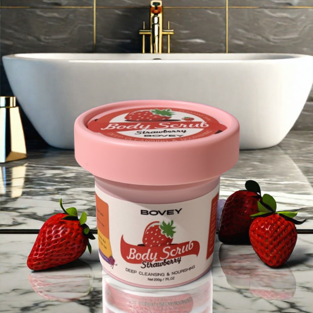 Custom BOVEY Strawberry Body Scrub Cream Private Label Whitening Tender Skin Exfoliating Face Body Wash Sugar Scrubs Organic