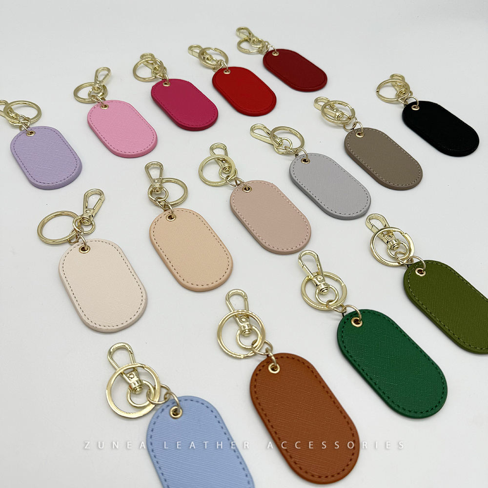 Gifts Saffiano Leather Keyring Personalized PU Oval Shape vegan Leather Keychain heavy duty metal Gold hardware custom key chain