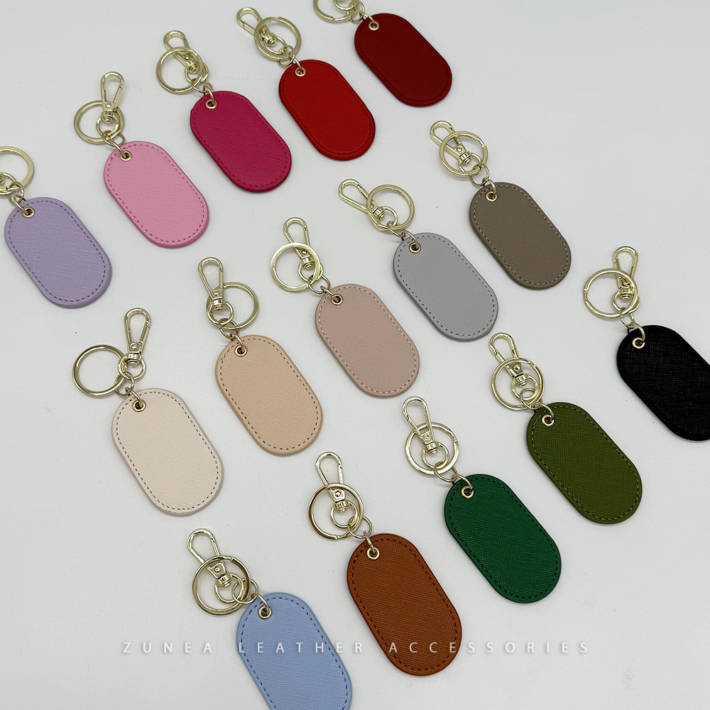 Gifts Saffiano Leather Keyring Personalized PU Oval Shape vegan Leather Keychain heavy duty metal Gold hardware custom key chain