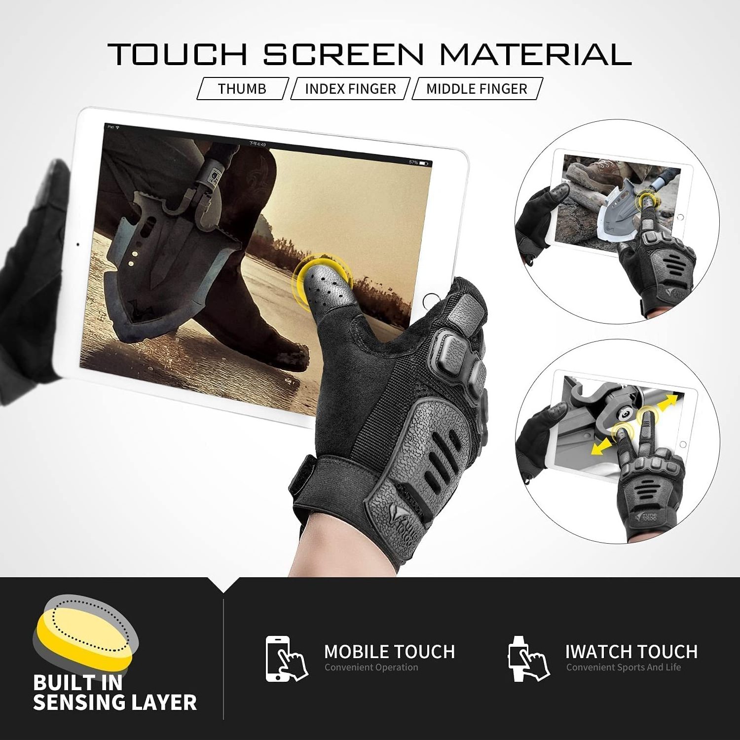 Zune Lotoo Self Defense TPR Full Finger Touchscreen Outdoor Hard Knuckle Shooting Cut Resistance Tactical Gloves