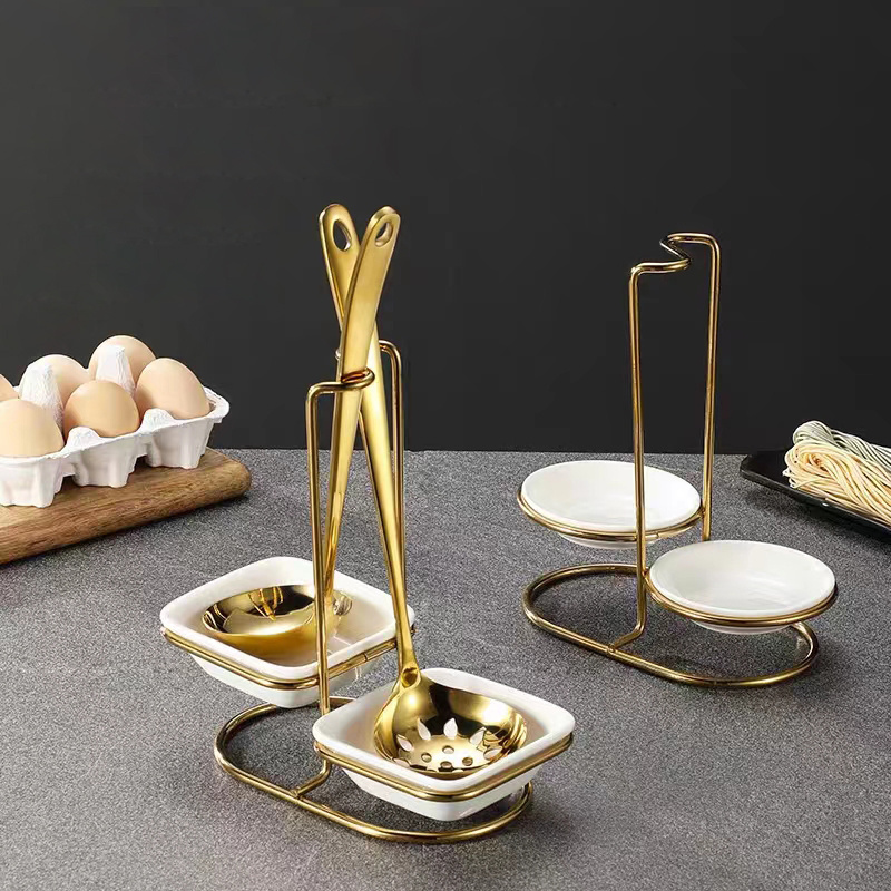 Hot-selling Gold Stainless Steel Table Spoon Rack Metal Holder Multifunctional Kitchen Ladle Ceramic Dish Soup Spoon Rest