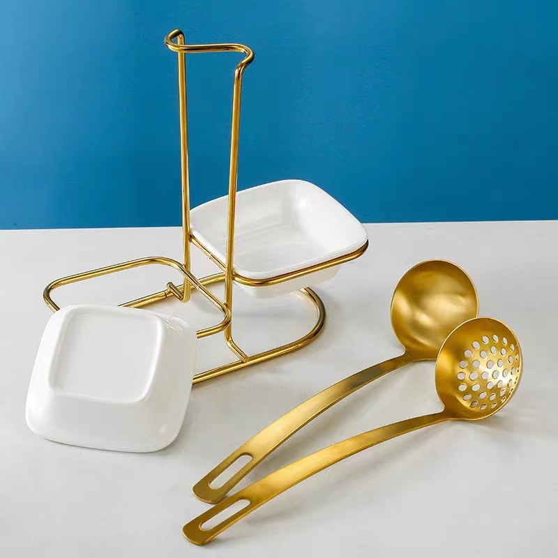 Hot-selling Gold Stainless Steel Table Spoon Rack Metal Holder Multifunctional Kitchen Ladle Ceramic Dish Soup Spoon Rest