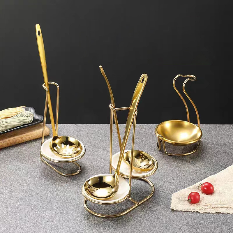 Hot-selling Gold Stainless Steel Table Spoon Rack Metal Holder Multifunctional Kitchen Ladle Ceramic Dish Soup Spoon Rest