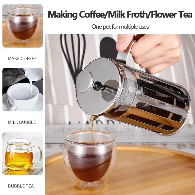 Glass French Press Coffee Maker, Stainless Steel Coffee Press Coffee and Tea Maker French Press