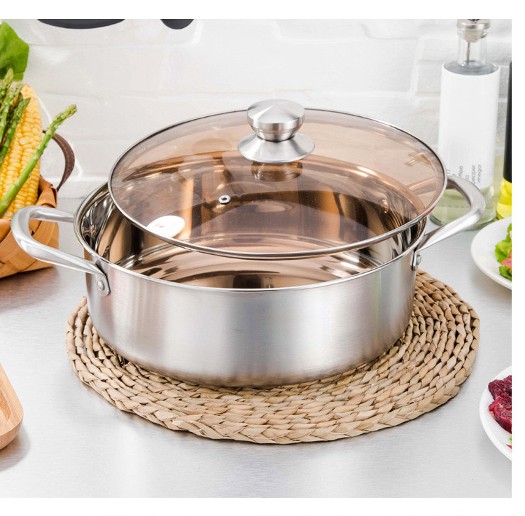 2023 Food Grade Stainless Steel Pot Saucepan with Divider and Glass Lid Big Hotpot for Induction Hot Pot Food Warmer Cookers