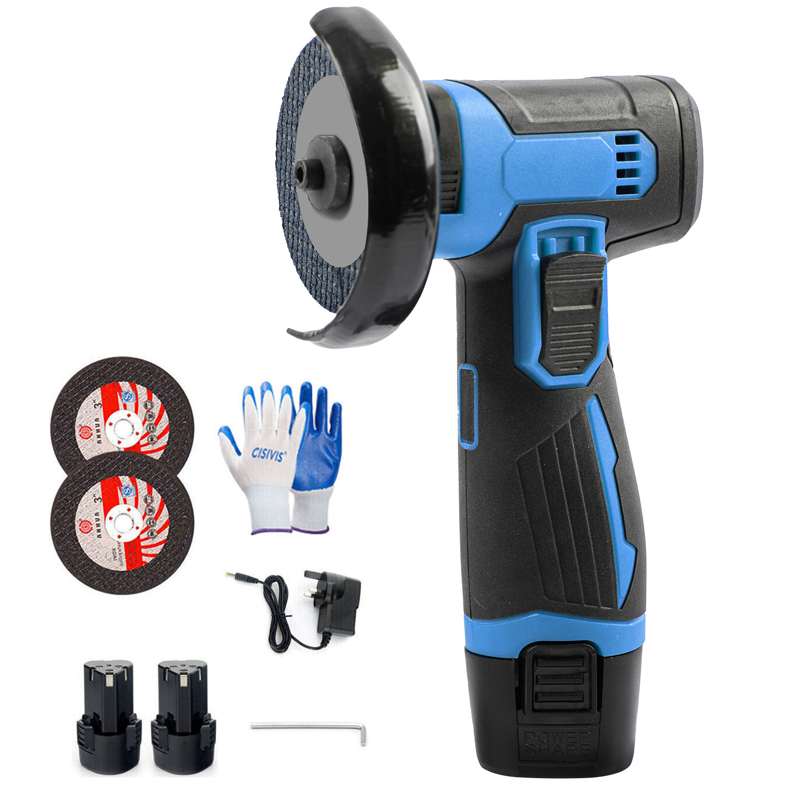 12V Portable Mini brushed Cordless Angle Grinder Small Size with 2 Batteries and Charger Electric Power Tools Set