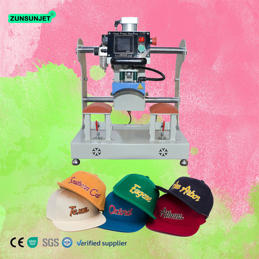 digital 8*14cm pneumatic dual station cap heat press machine for combo travelling hat / sun hat heat press hot pressed