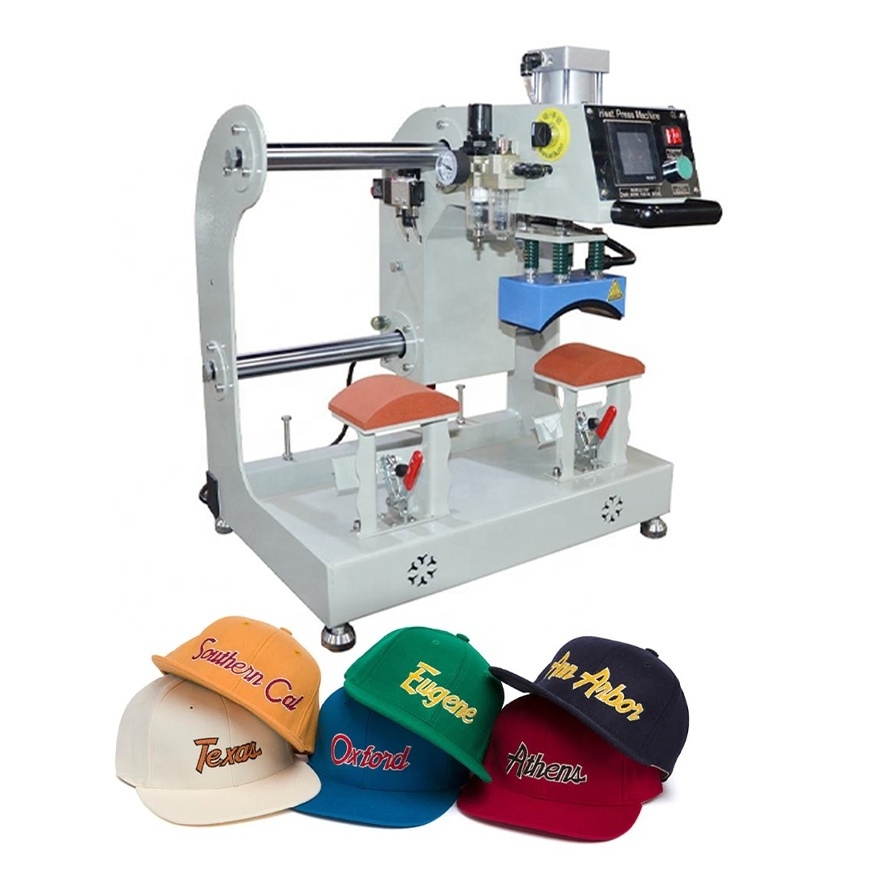 digital 8*14cm pneumatic dual station cap heat press machine for combo travelling hat / sun hat heat press hot pressed