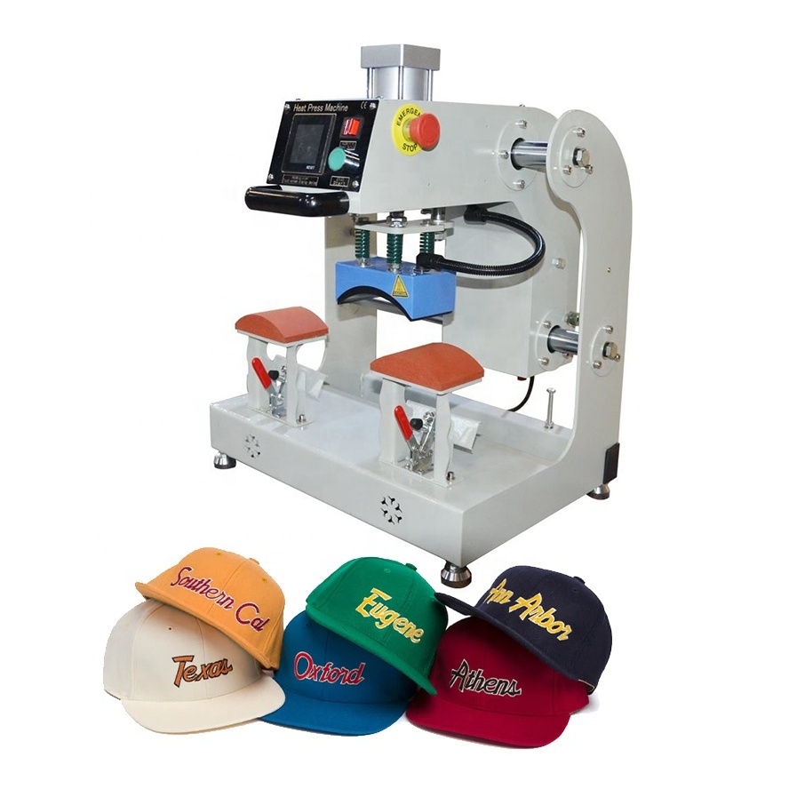 digital 8*14cm pneumatic dual station cap heat press machine for combo travelling hat / sun hat heat press hot pressed