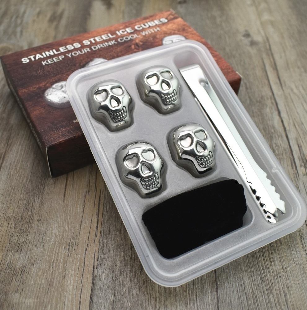 Manufacture Stainless Steel Skull Shaped Whiskey Rock Stones Reusable Ice Cubes