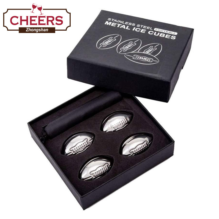 Reusable American Football Shaped Stainless Steel Whiskey Stones Ice Cubes with Black Velvet Pouch, Set of 4