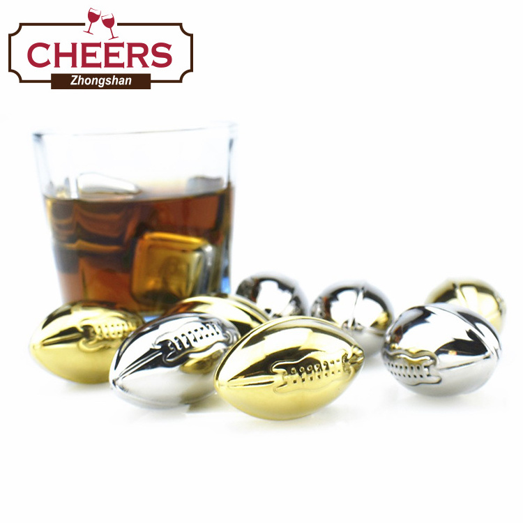 Reusable American Football Shaped Stainless Steel Whiskey Stones Ice Cubes with Black Velvet Pouch, Set of 4