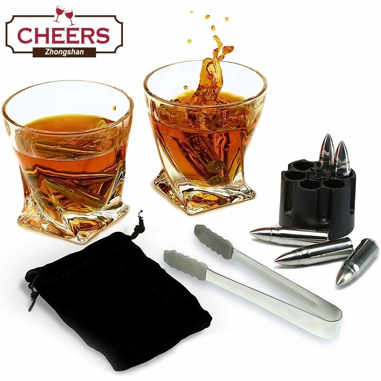 Manufacturer Set of 6 Large Stainless Steel Whiskey Bullet Stones and 2 Large Twisted Whiskey Glasses Gift set in Wood Box