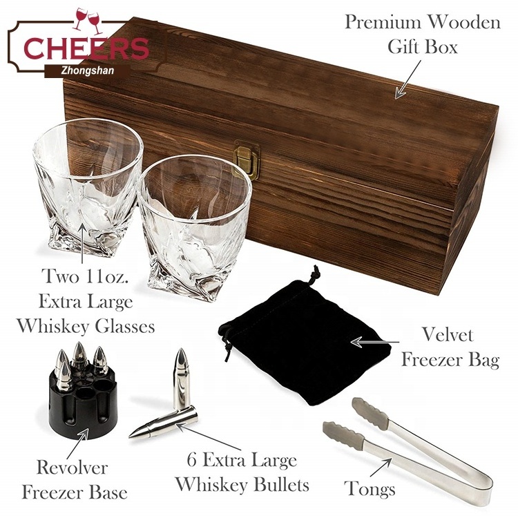 Manufacturer Set of 6 Large Stainless Steel Whiskey Bullet Stones and 2 Large Twisted Whiskey Glasses Gift set in Wood Box