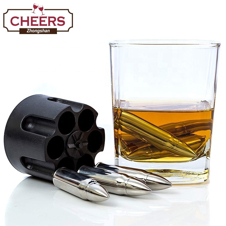 Manufacturer Set of 6 Large Stainless Steel Whiskey Bullet Stones and 2 Large Twisted Whiskey Glasses Gift set in Wood Box