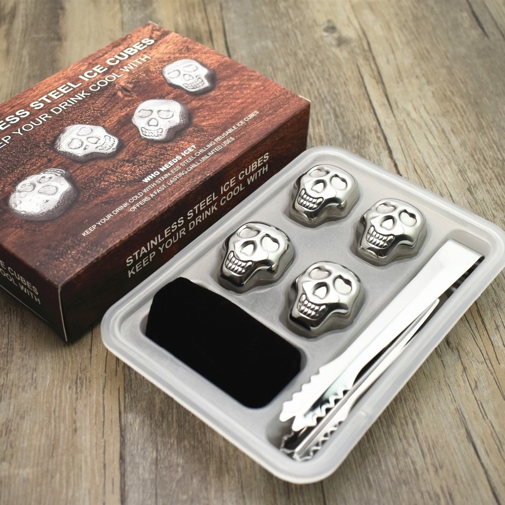 Manufacture Stainless Steel Skull Shaped Whiskey Rock Stones Reusable Ice Cubes