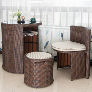 Balcony rattan bistro 3 Pieces coffee table round shape with chair footrest Rattan / Wicker Furniture Sets