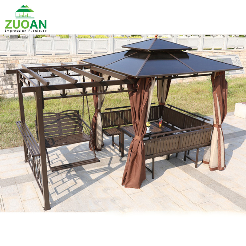 Patio outdoor furniture swing table gazebo set 3x3 Aluminum metal pergola gazebo outdoor with pvc roof