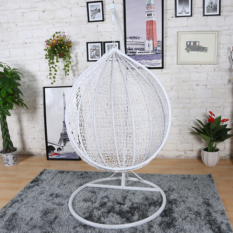 Outdoor furniture rattan living room indoor patio white wicker egg hanging chair swing with cushion stand