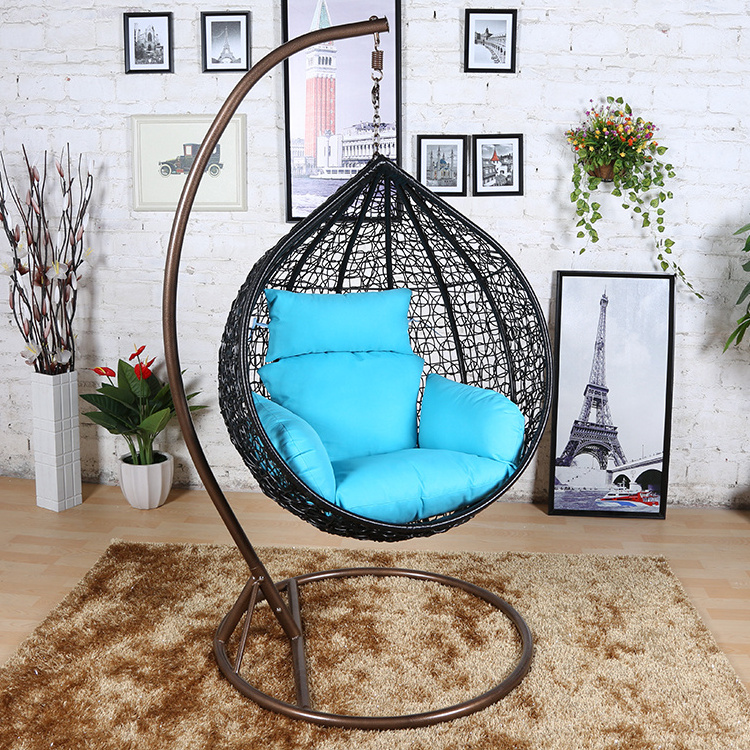 Outdoor furniture rattan living room indoor patio white wicker egg hanging chair swing with cushion stand