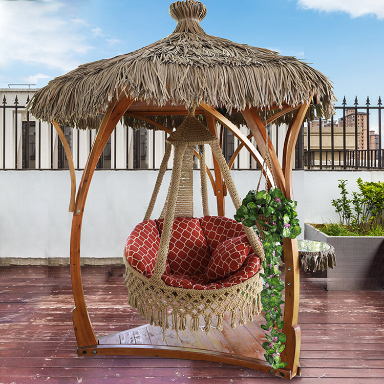 2021 Outdoor Furniture Rattan Wicker Thatch Roof Straw Rope Bird Nest Double Seat Hanging Patio Wooden Swing