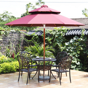 2021 Bamboo look Aluminum 6 Piece Patio Set With Huge Umbrella For Patio Round Patio Table With Umbrella Hole