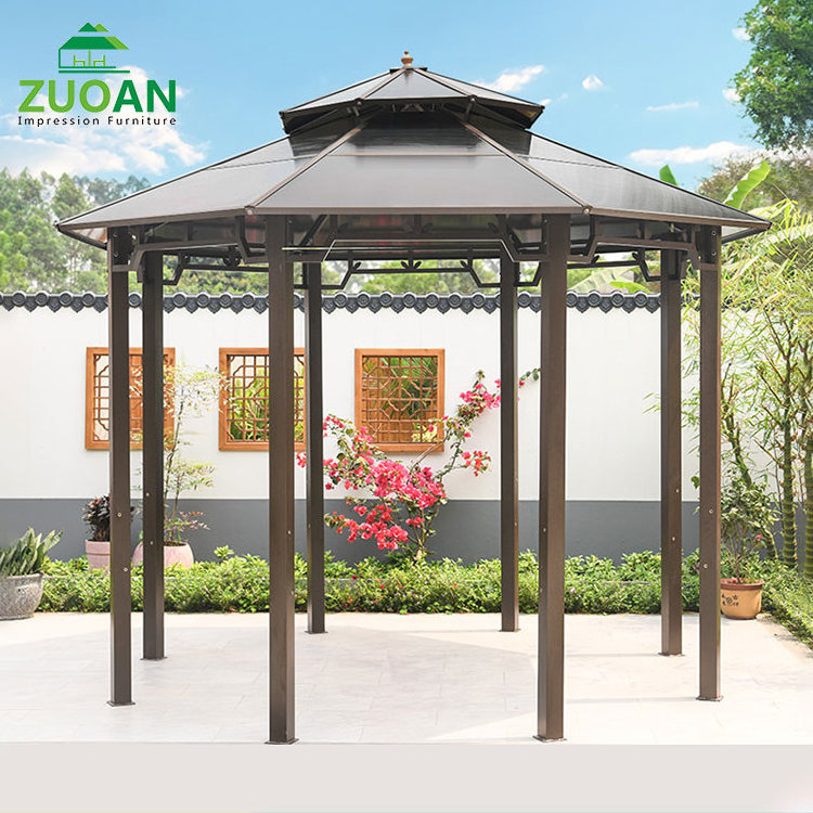 Patio garden party gazebo aluminum hard top waterproof PC broad double canopy gazebo with seat plastic wood