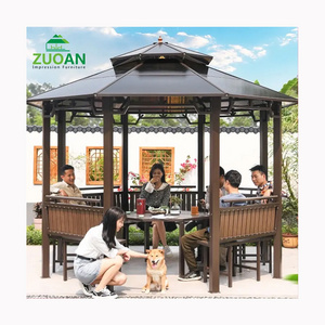 Patio garden party gazebo aluminum hard top waterproof PC broad double canopy gazebo with seat plastic wood