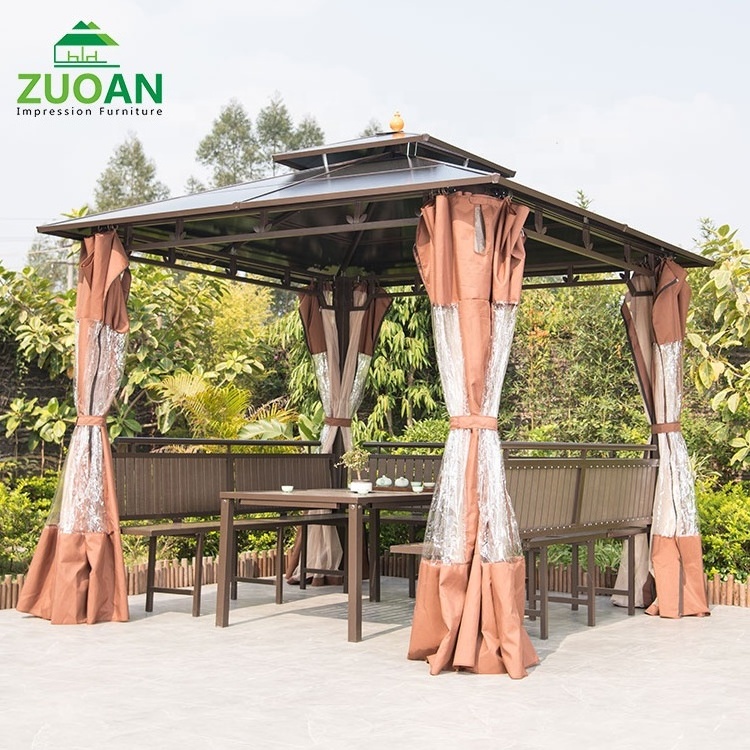 Outdoor furniture patio PC hard top sun resistant aluminum metal gazebo mosquito netting metal garden gazebo