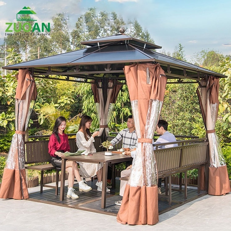 Outdoor furniture patio PC hard top sun resistant aluminum metal gazebo mosquito netting metal garden gazebo