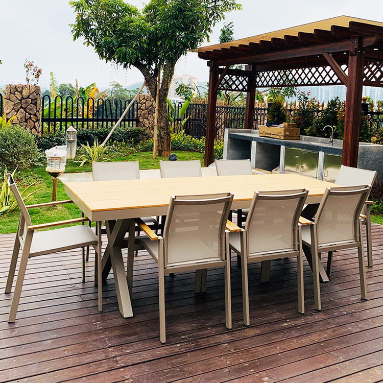 Outdoor wood plastic composite table top patio furniture with umbrella parasol cantilever umbrella