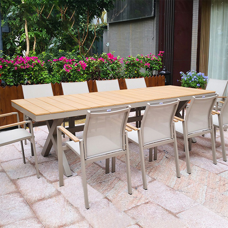 Outdoor wood plastic composite table top patio furniture with umbrella parasol cantilever umbrella