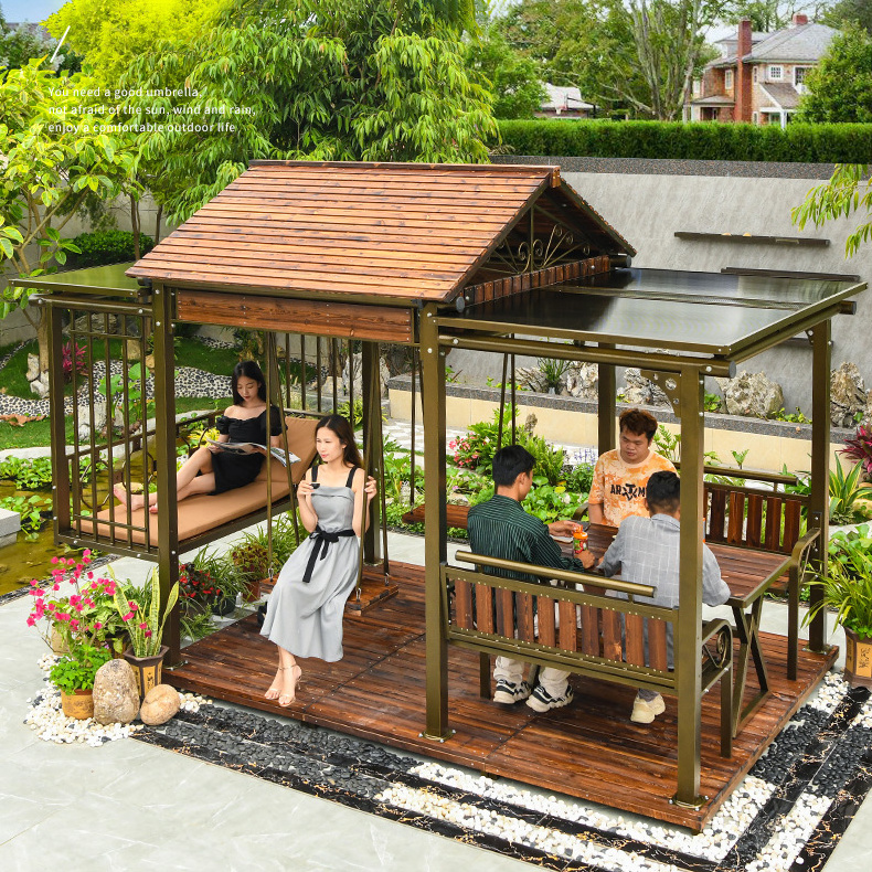 ZUOAN new design outdoor garden patio wooden gazebo polycarbonate awning canopy gazebo with light swing