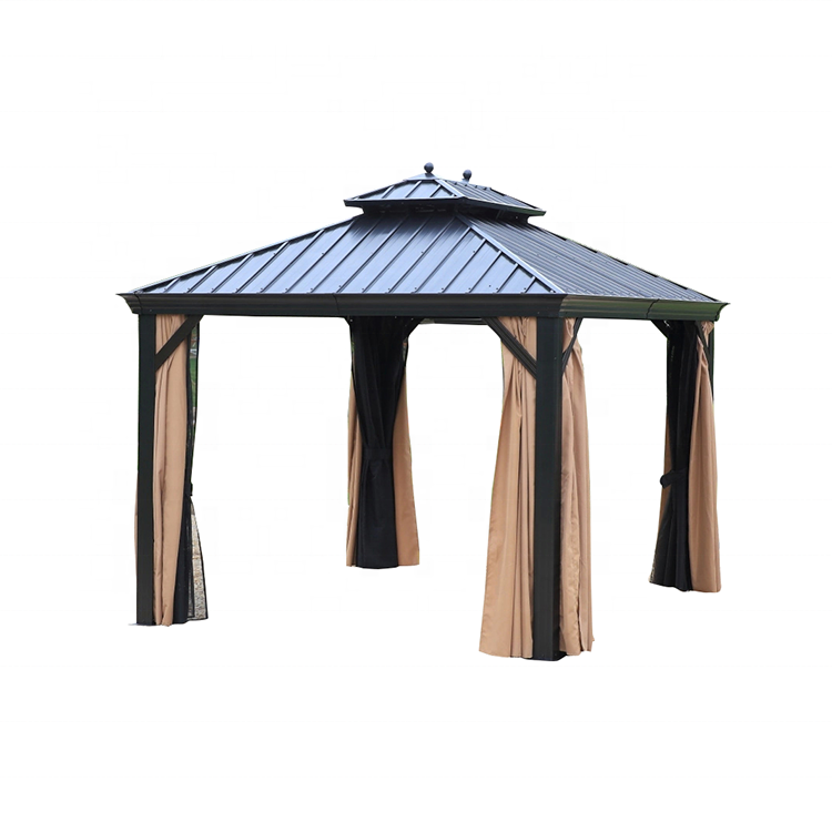 10x13ft Outdoor Double Steel Roof Hard Top Canopy Curtains Aluminum Gazebo With Netting For Garden