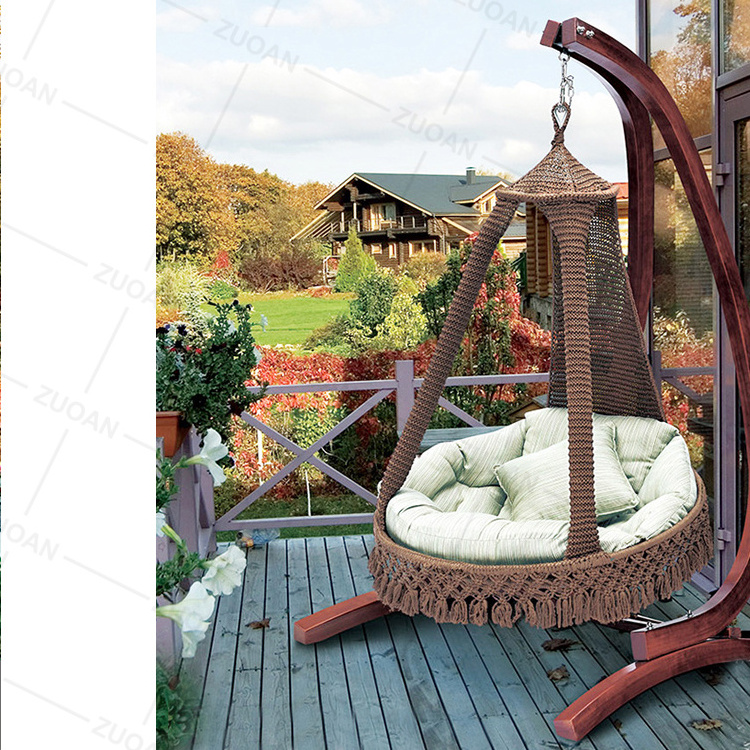 Popular Wooden Antiseptic Safe Adult Kids Garden Set Patio Swing Hammock Rattan Rope Swing Chair