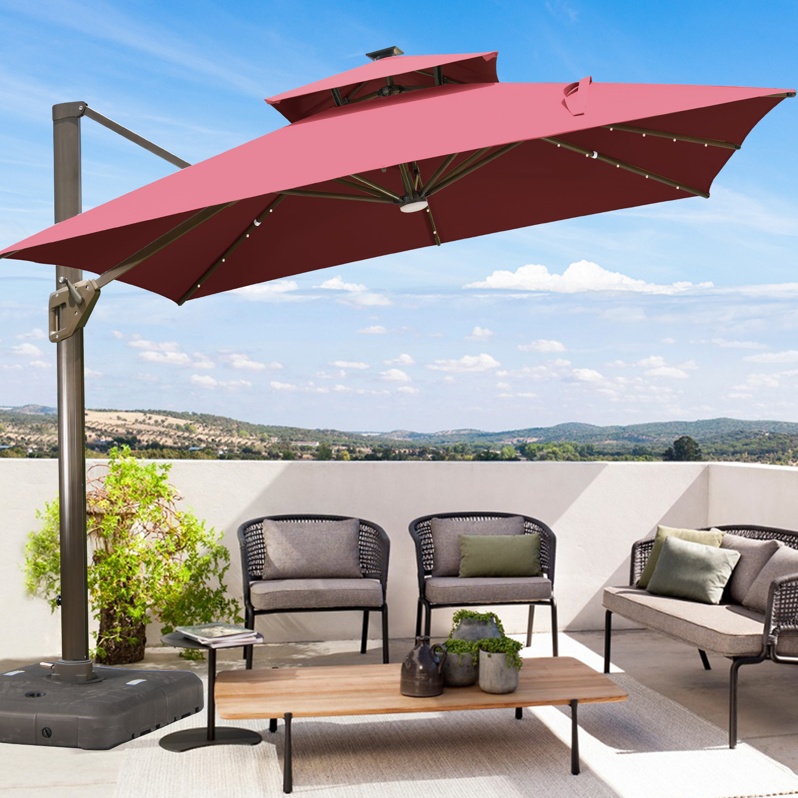 Outdoor garden patio umbrella aluminum pole  parasol umbrella  lighting umbrella with LED light