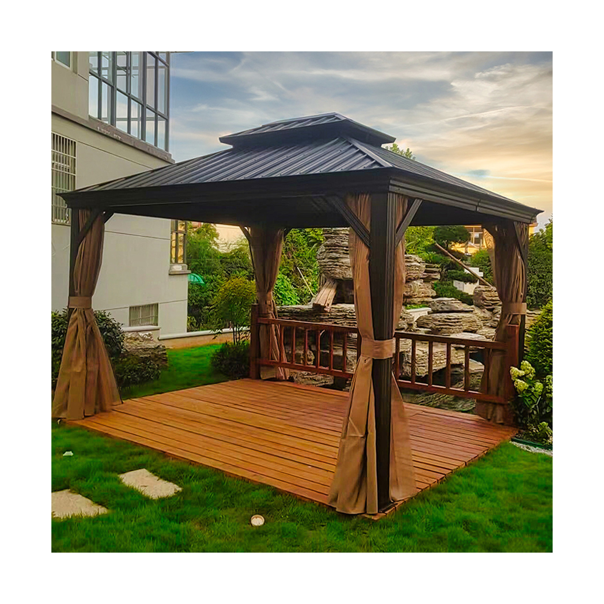 double canopy aluminum heavy duty outdoor patio gazebo with mosquito net & brown curtain aluminum gazebo outdoor balcony