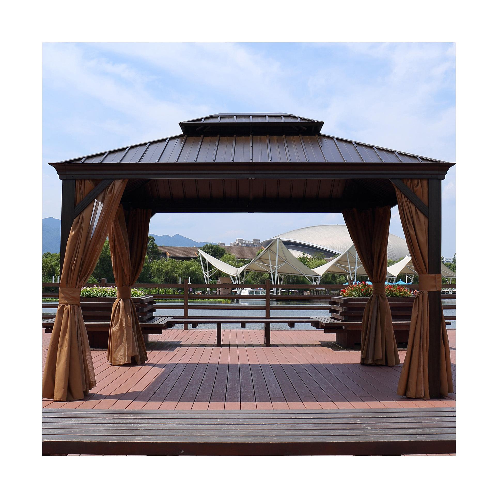 double canopy aluminum heavy duty outdoor patio gazebo with mosquito net & brown curtain aluminum gazebo outdoor balcony