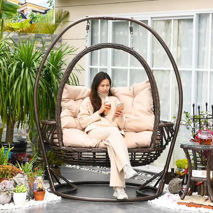 [ZUOAN IMPRESSIVE]Outdoor Iron Metal Hanging Wicker Double Seat Basket Rattan Patio Swing Chair