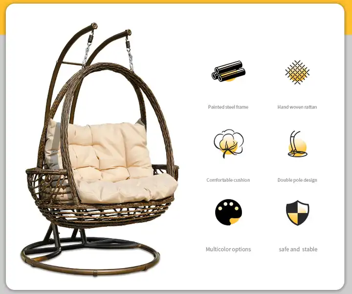 [ZUOAN IMPRESSIVE]Outdoor Iron Metal Hanging Wicker Double Seat Basket Rattan Patio Swing Chair