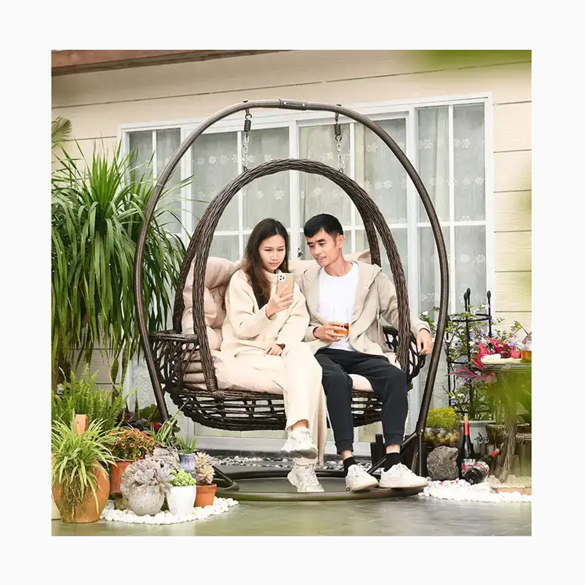 [ZUOAN IMPRESSIVE]Outdoor Iron Metal Hanging Wicker Double Seat Basket Rattan Patio Swing Chair